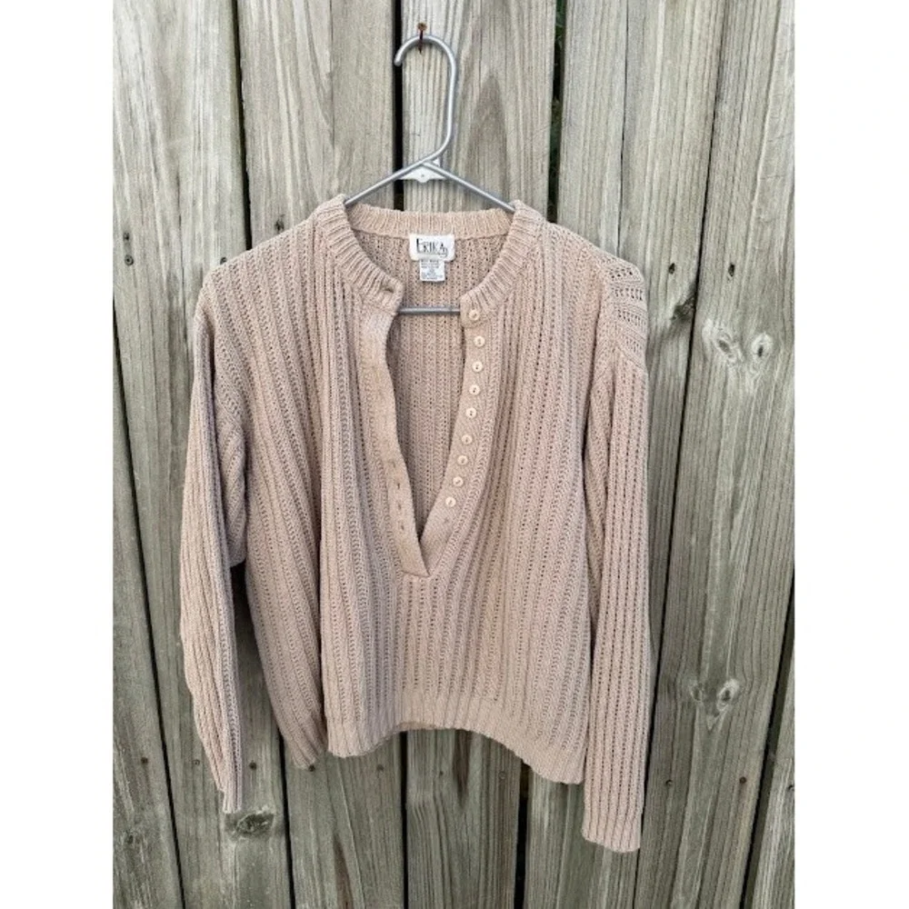 Vintage Coastal Minimalist Erika Sweater M Tan Ramie Cotton Henley Ribbed Knit
